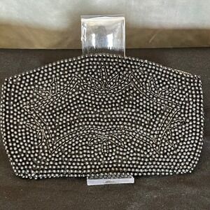 Vintage 1960s Japanese Hand-Beaded Clutch Black Floral Leaf Design Small Purse